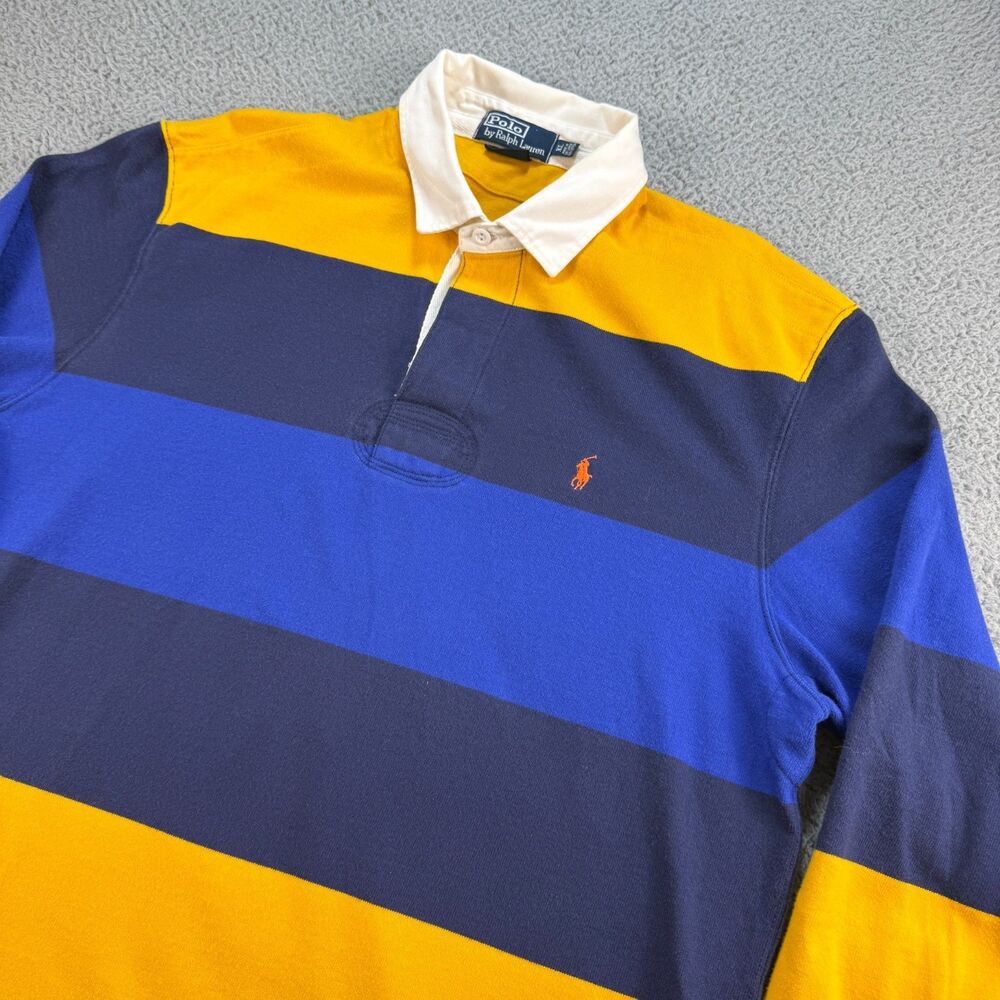 Polo Ralph Lauren Rugby Shirt Mens XL Custom Fit Blue Yellow Striped Y2K 90s